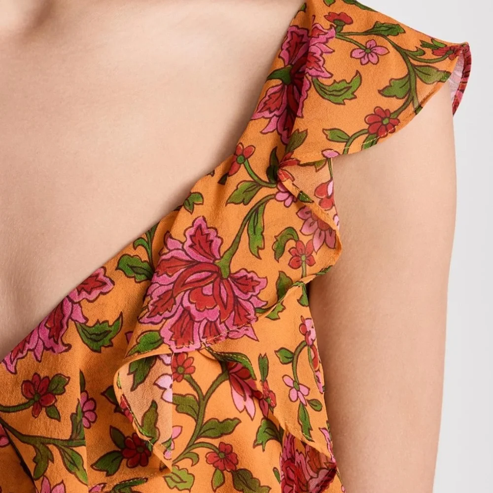 Floral Ruffle V-Neck Top - Yellow and Pink - Picture 2 of 9